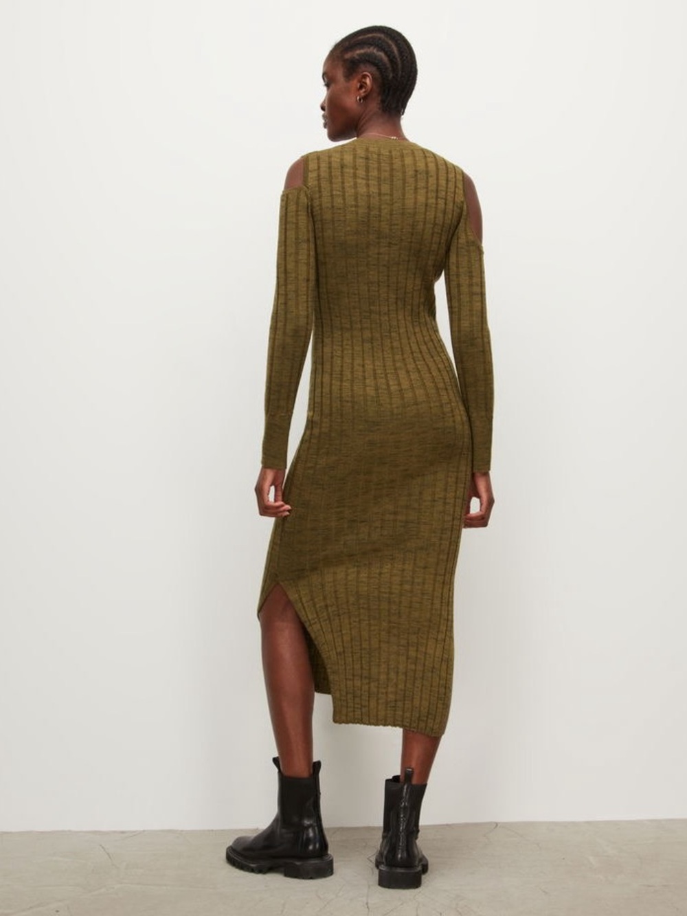 AllSaints Daina Cold Shoulder 100% Merino Wool Sweater Dress Olive Green Sz L - Picture 4 of 11